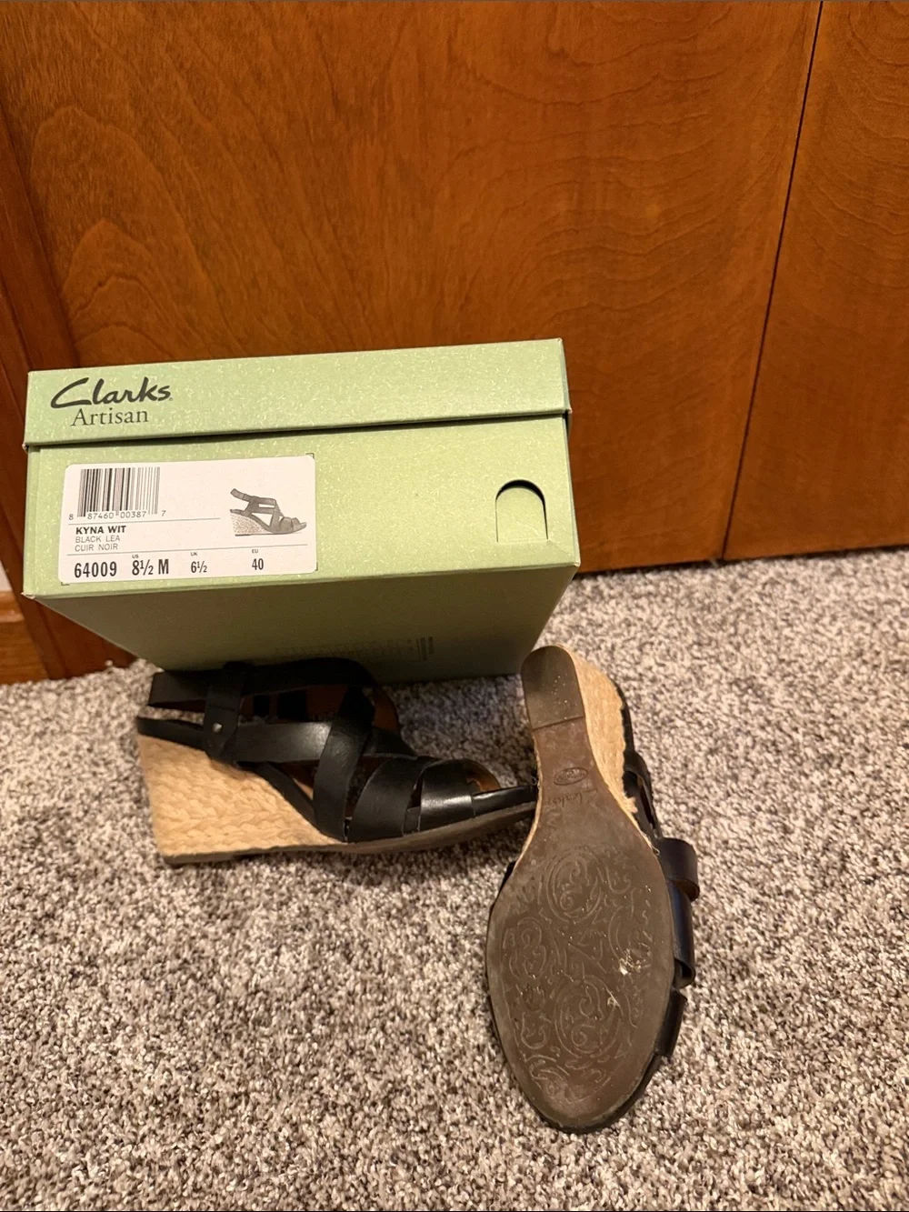 Clarks Black Leather Strappy Wedge Sandals